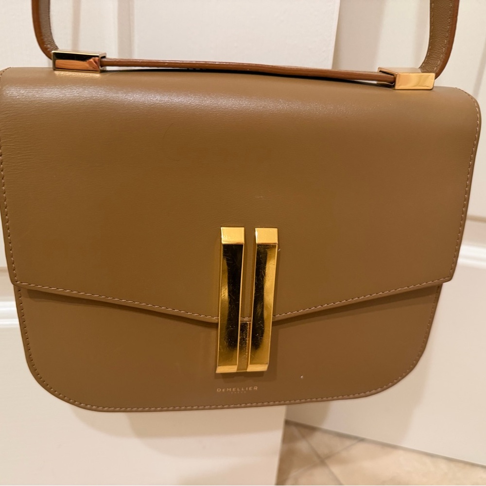 Demellier Tan Leather Crossbody Bag with Gold Accents